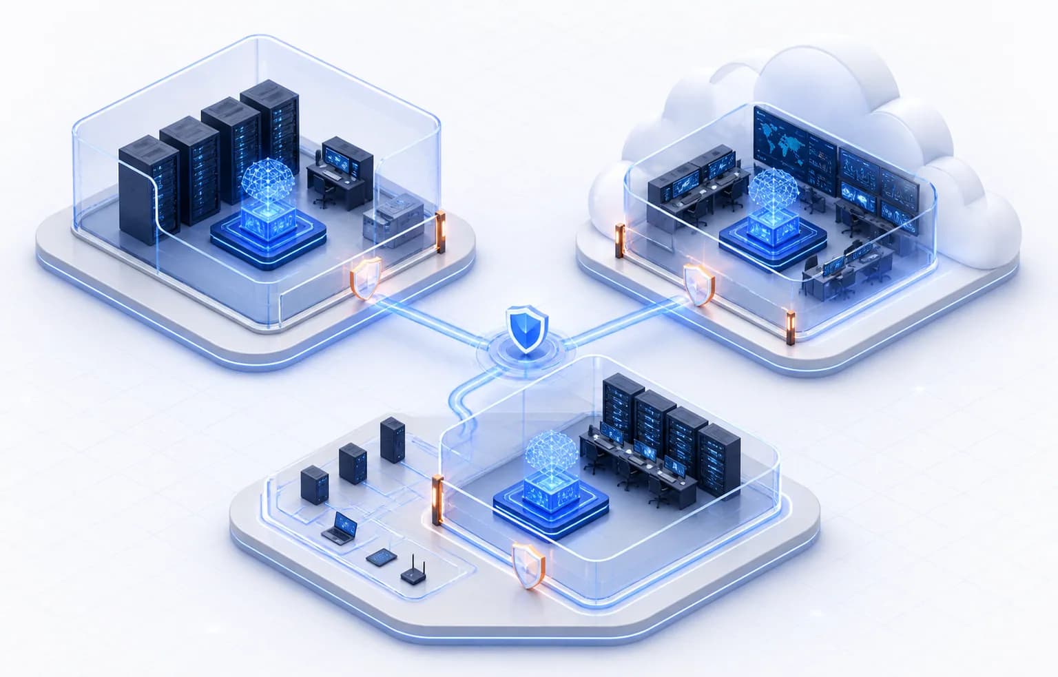 On-premise, cloud, and hybrid deployment models with explicit trust boundaries