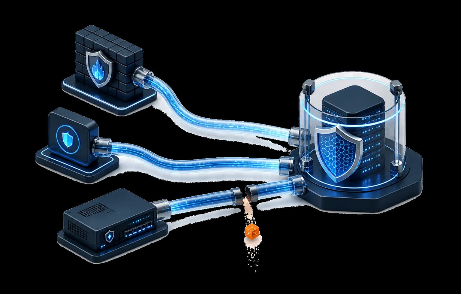 A broken security telemetry pipe revealing a missing event before it reaches monitoring