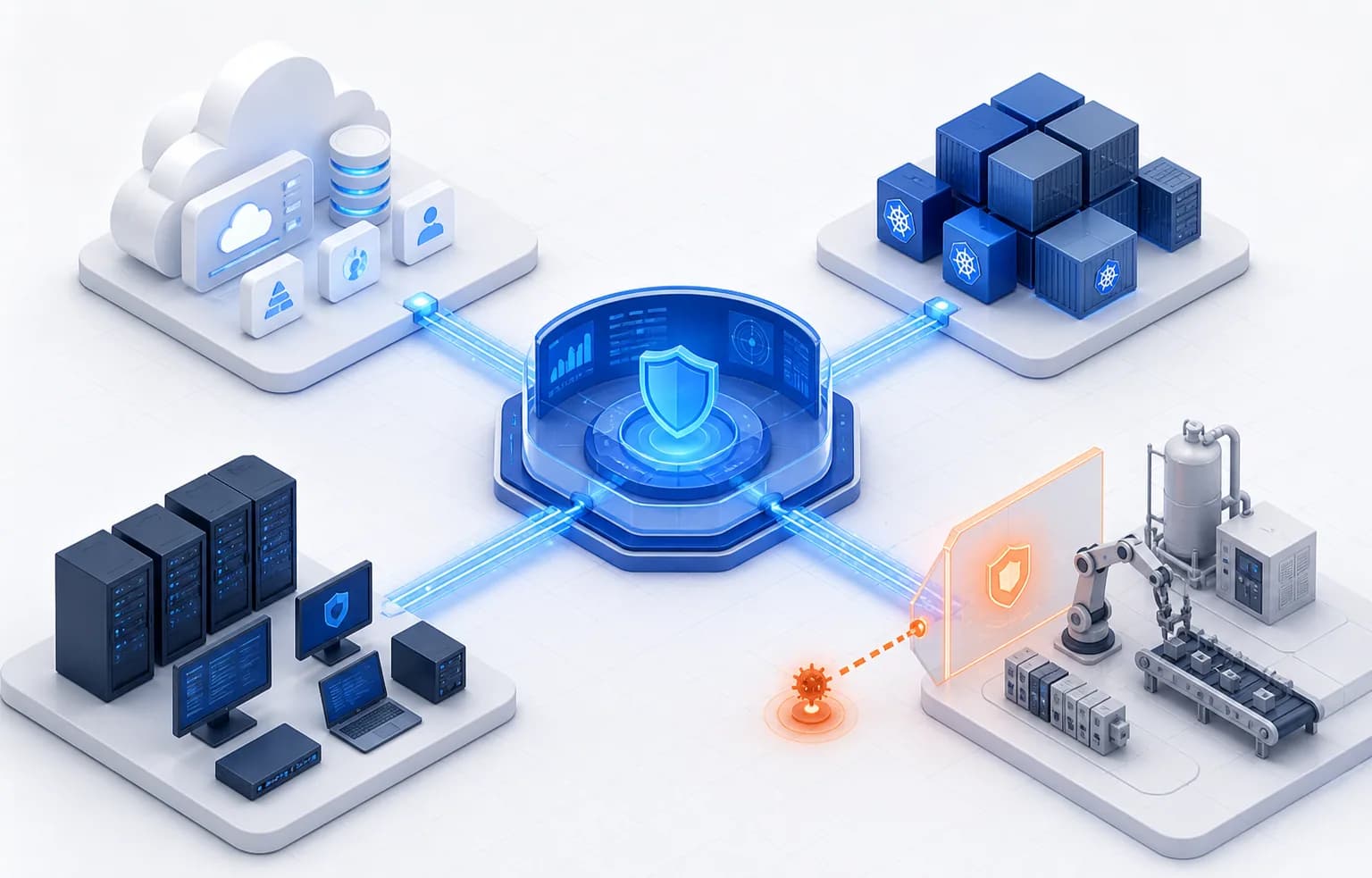 One defensive response platform connected to cloud, containers, on-premise systems, and an OT boundary