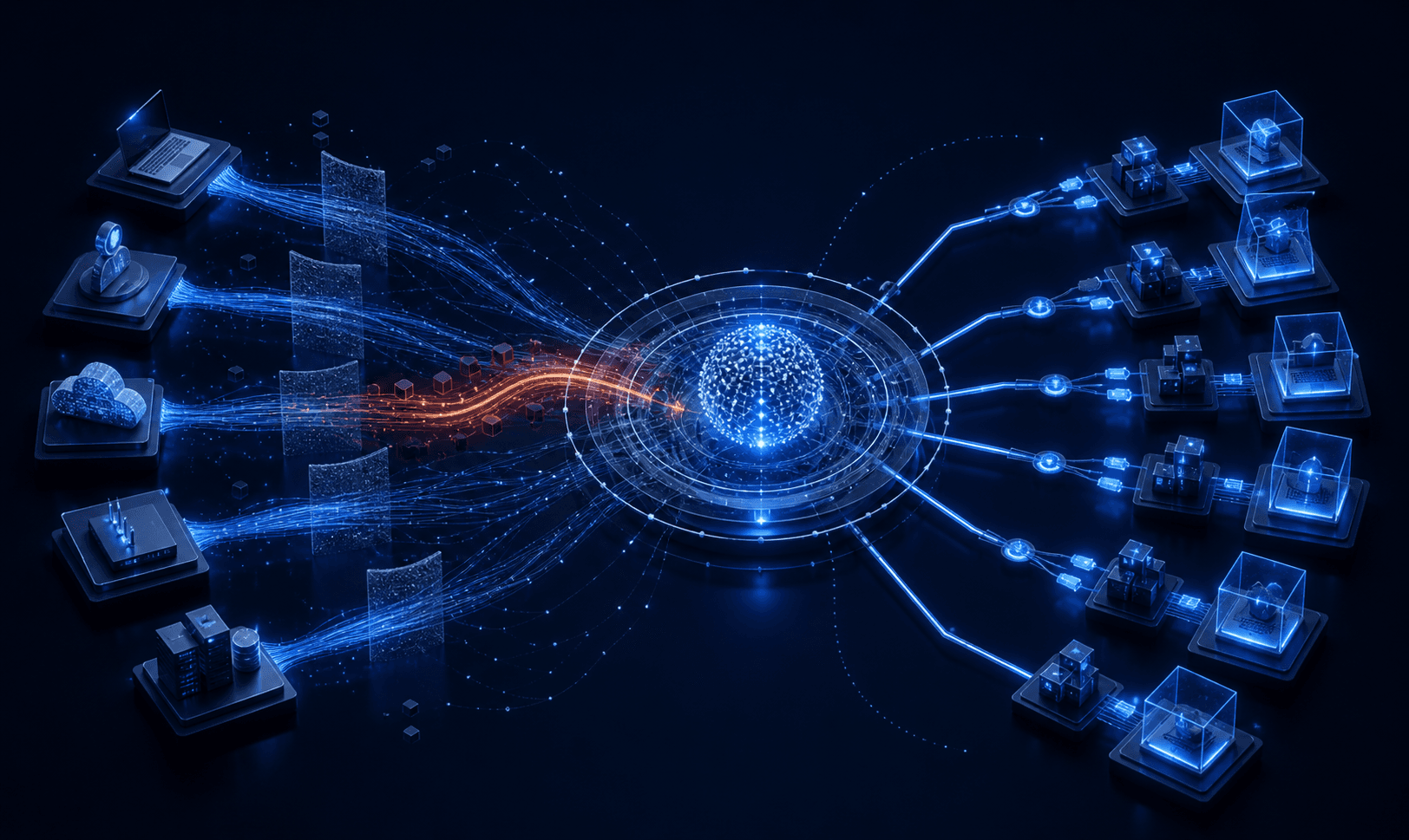 Security telemetry converging into an AI-assisted detection core and automated containment paths