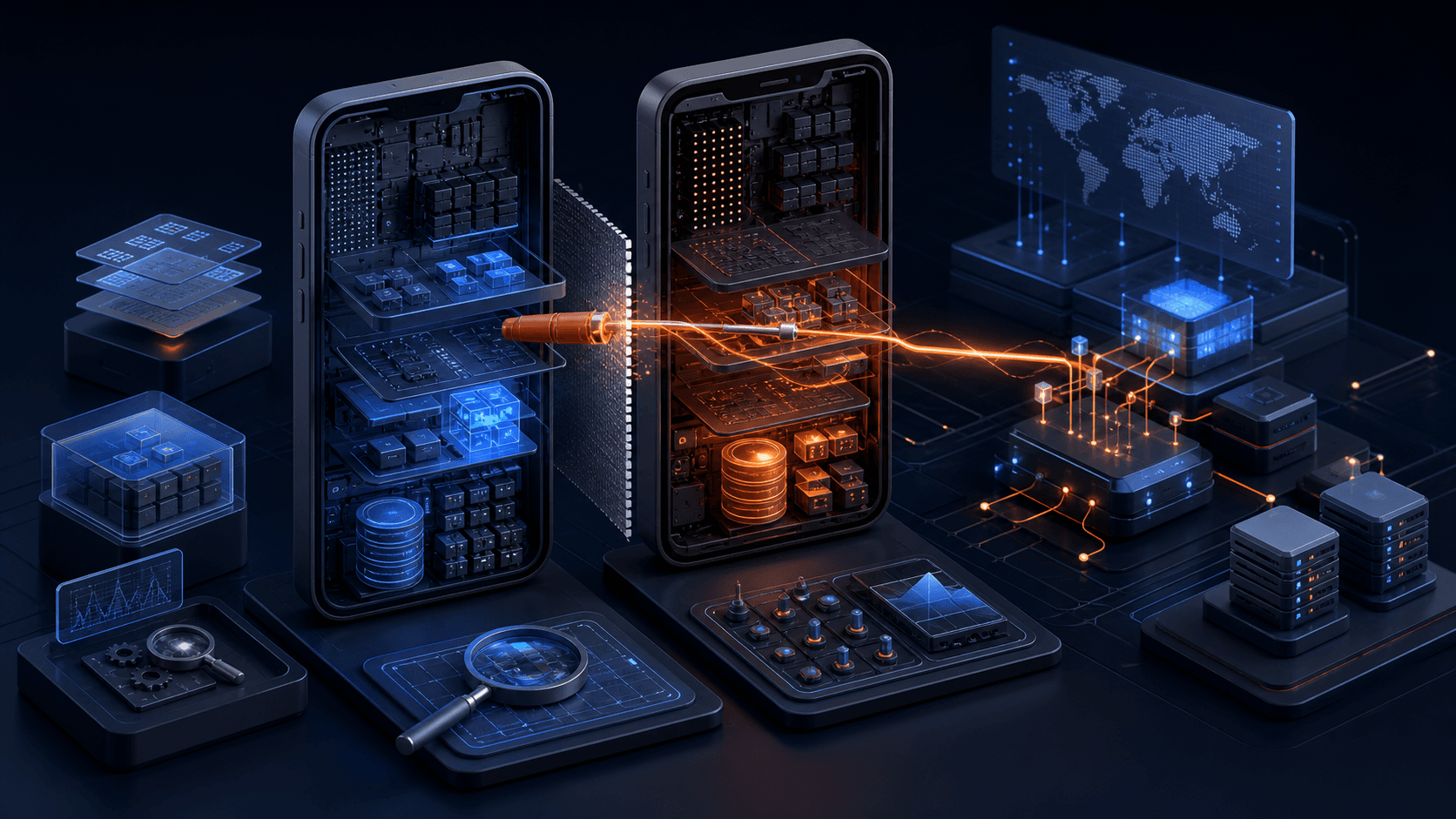 Mobile binary, runtime and backend layers connected through a controlled security test path