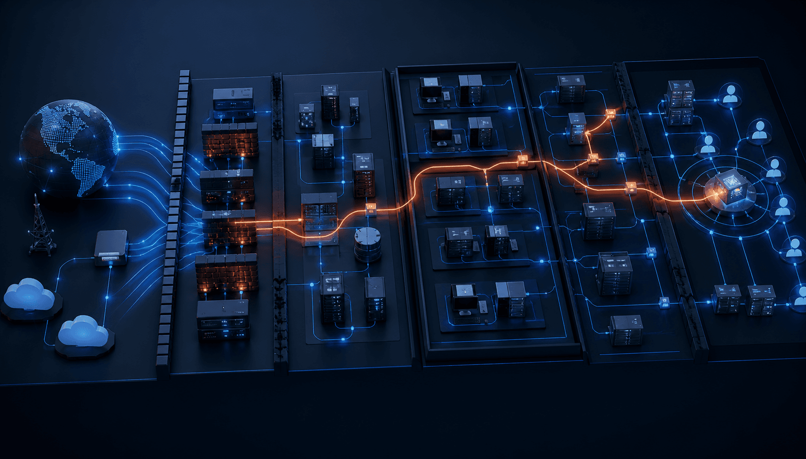 A segmented hybrid network showing perimeter access, lateral movement and identity escalation