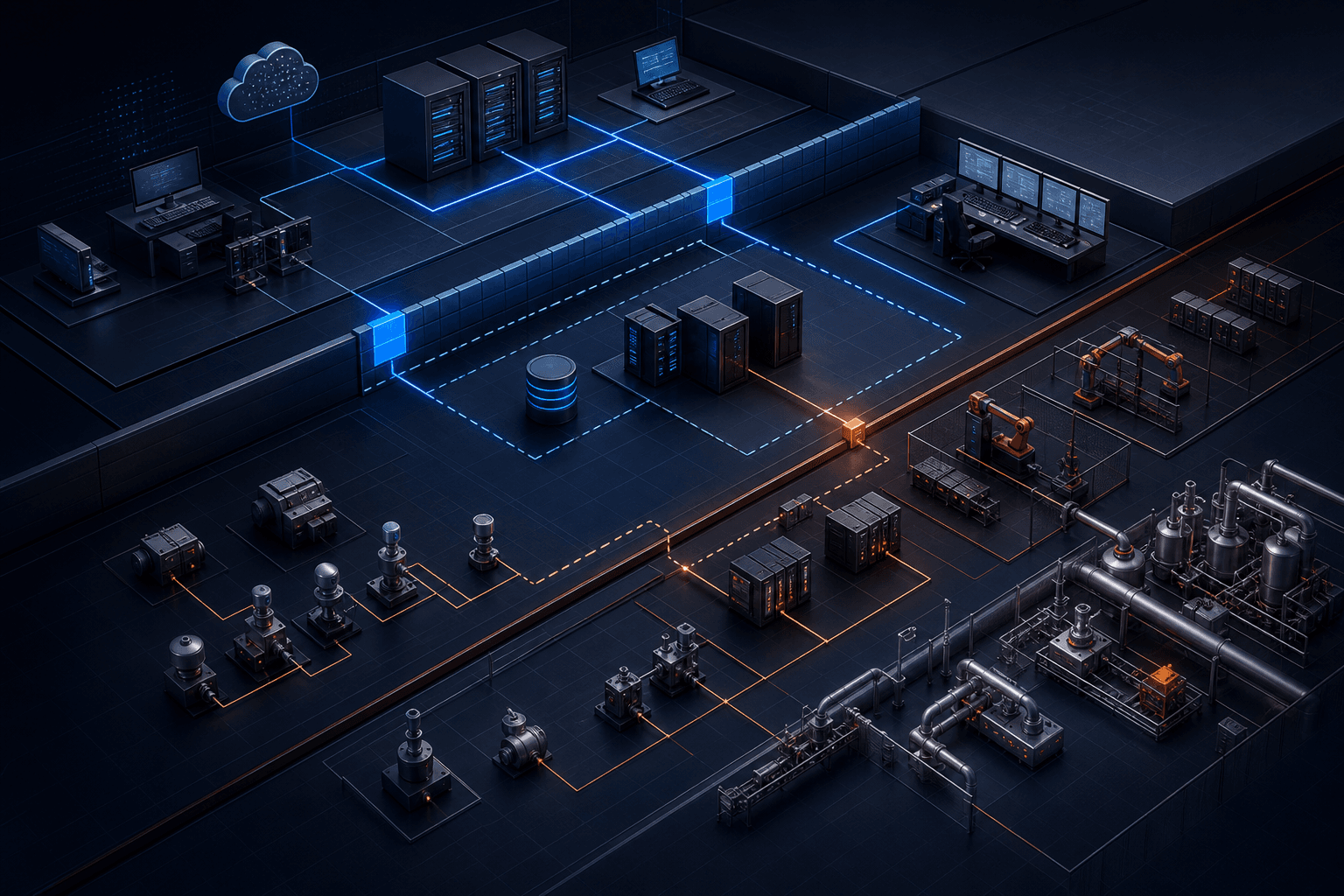 A segmented industrial control environment spanning enterprise IT, industrial DMZ and plant systems