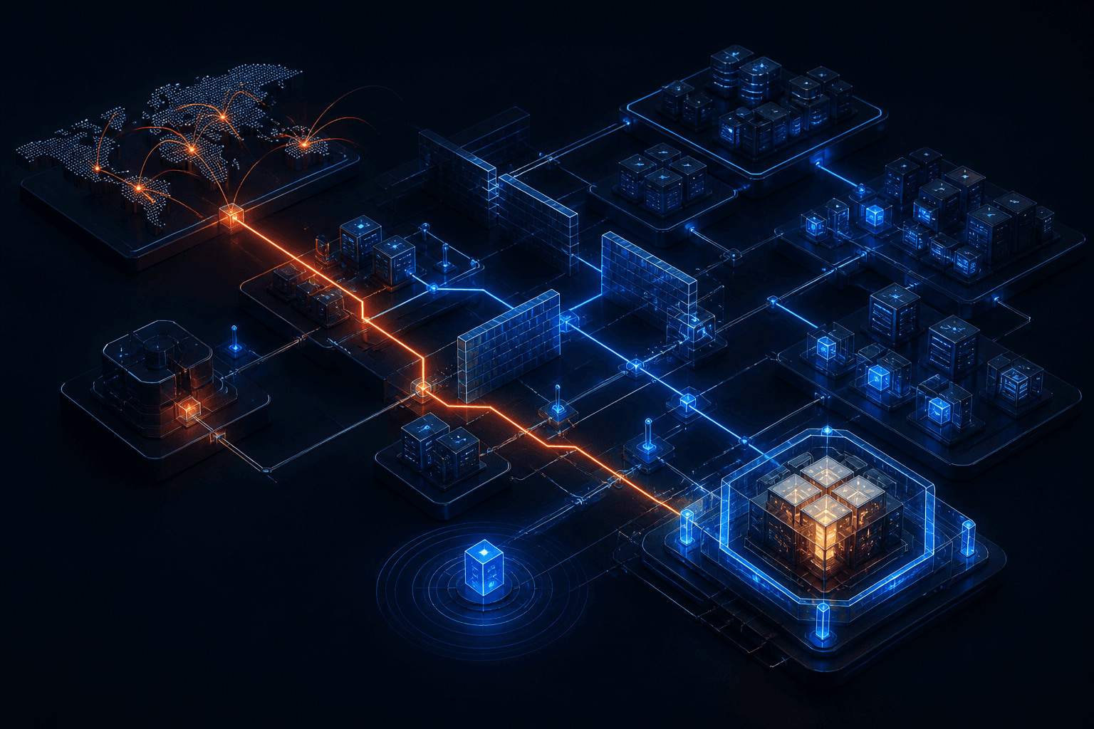 A controlled adversary path moving through an enterprise network toward a protected objective