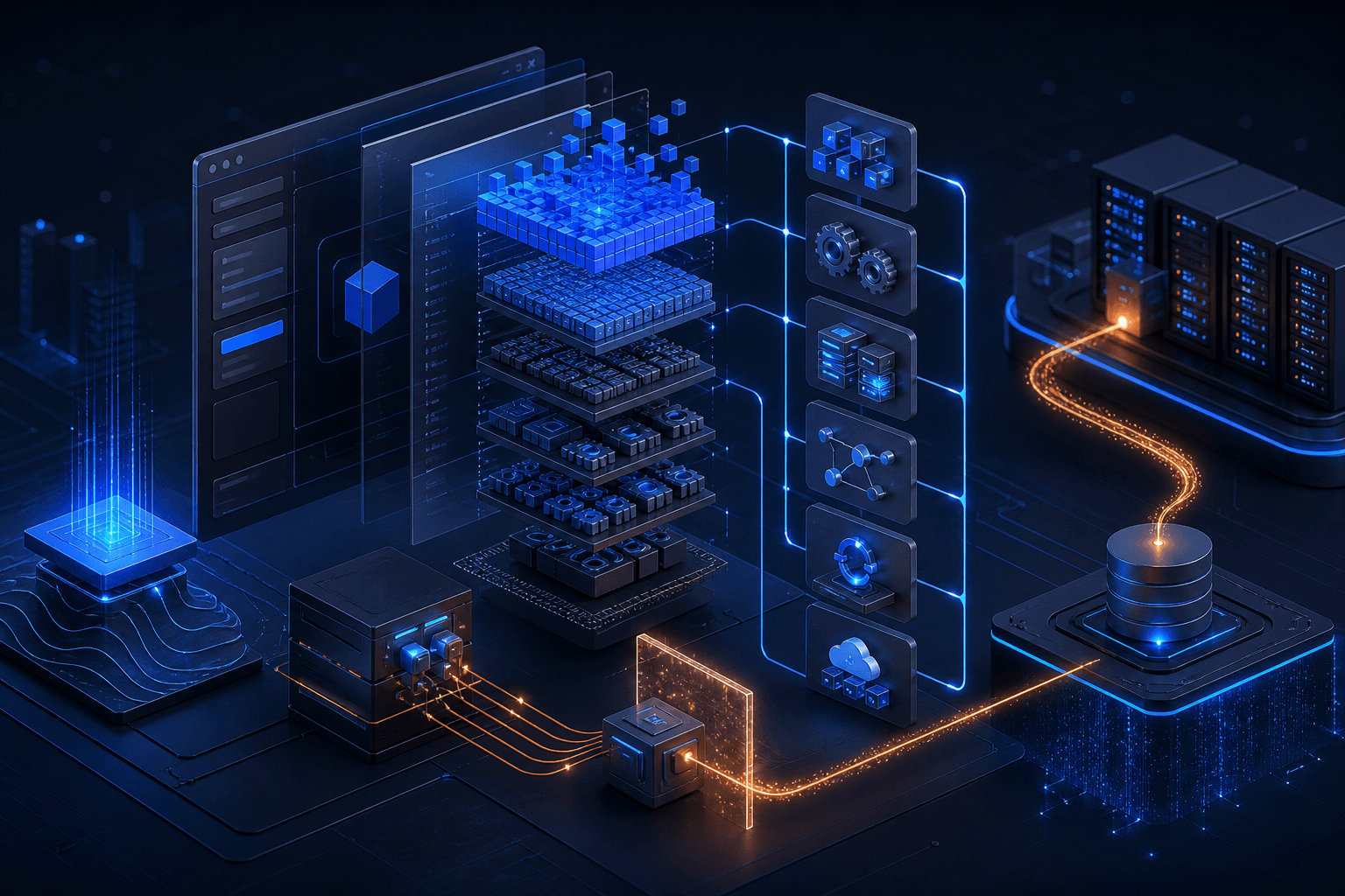 An exploded desktop application showing binary layers, runtime boundaries and backend connections