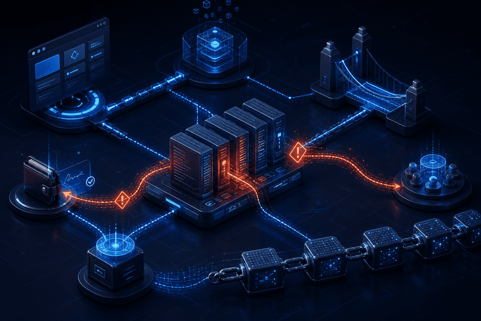 A decentralized application connecting wallets, smart contracts, ledger state and bridge infrastructure